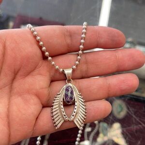 Material:925 silver
Stone: purple turquoise and turquoise. 
Size: 1.25”
Necklace